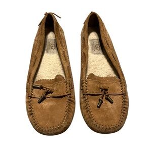 UGG Roni Moccasin Loafer‎ Slipper Tan Suede Shearling Womens Size 7.5